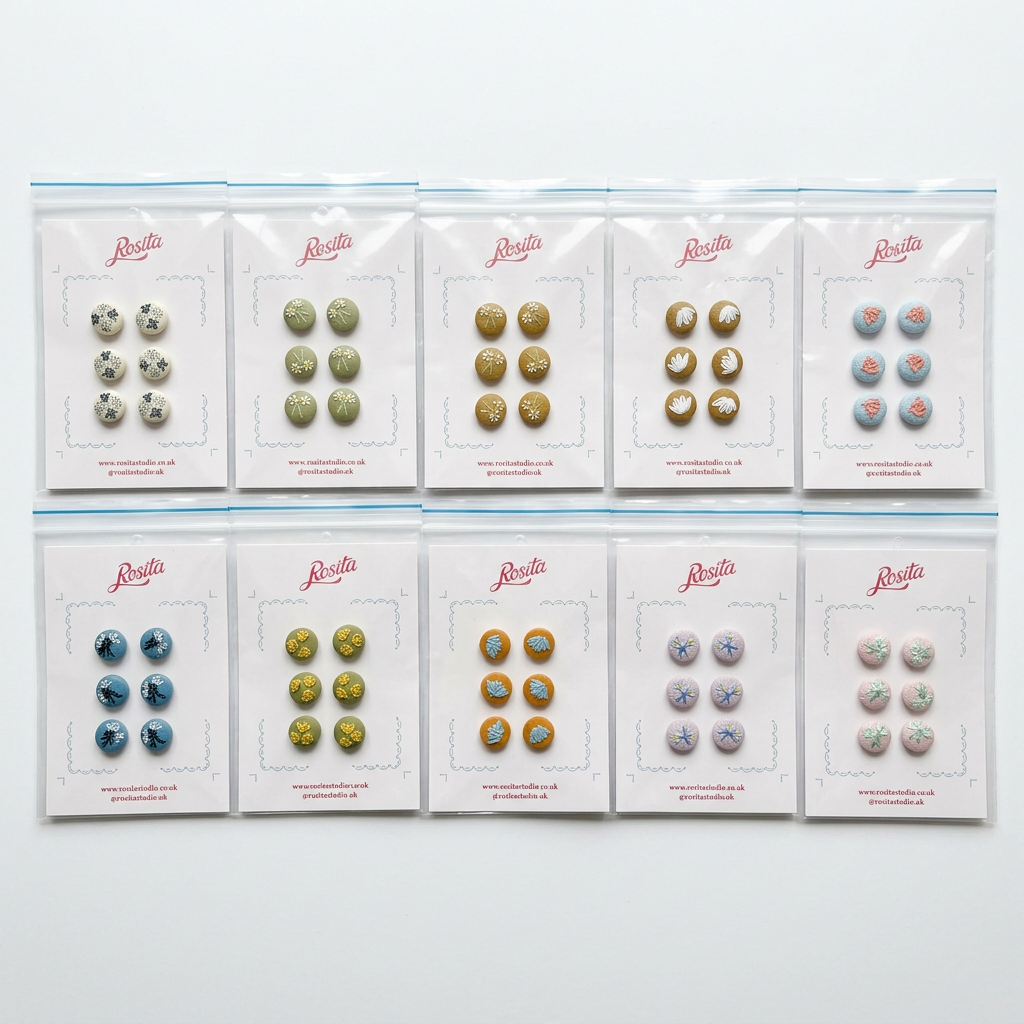 Ten Rosita handmade button cards arranged together in two rows of five on a white background